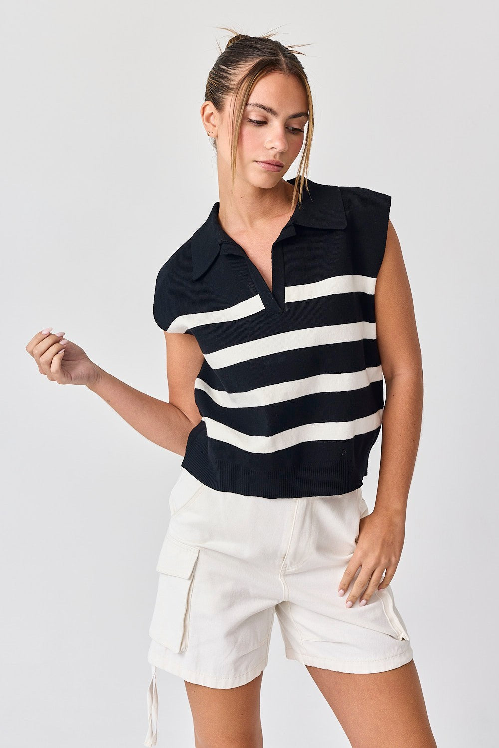 Luca Cropped Stripe Polo Knit Top