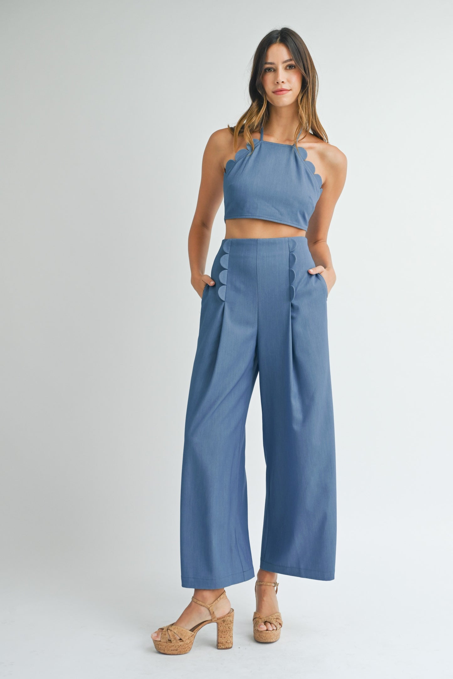 DENIM CHAMBRAY SCALLOP CROP TOP AND TROUSER SET