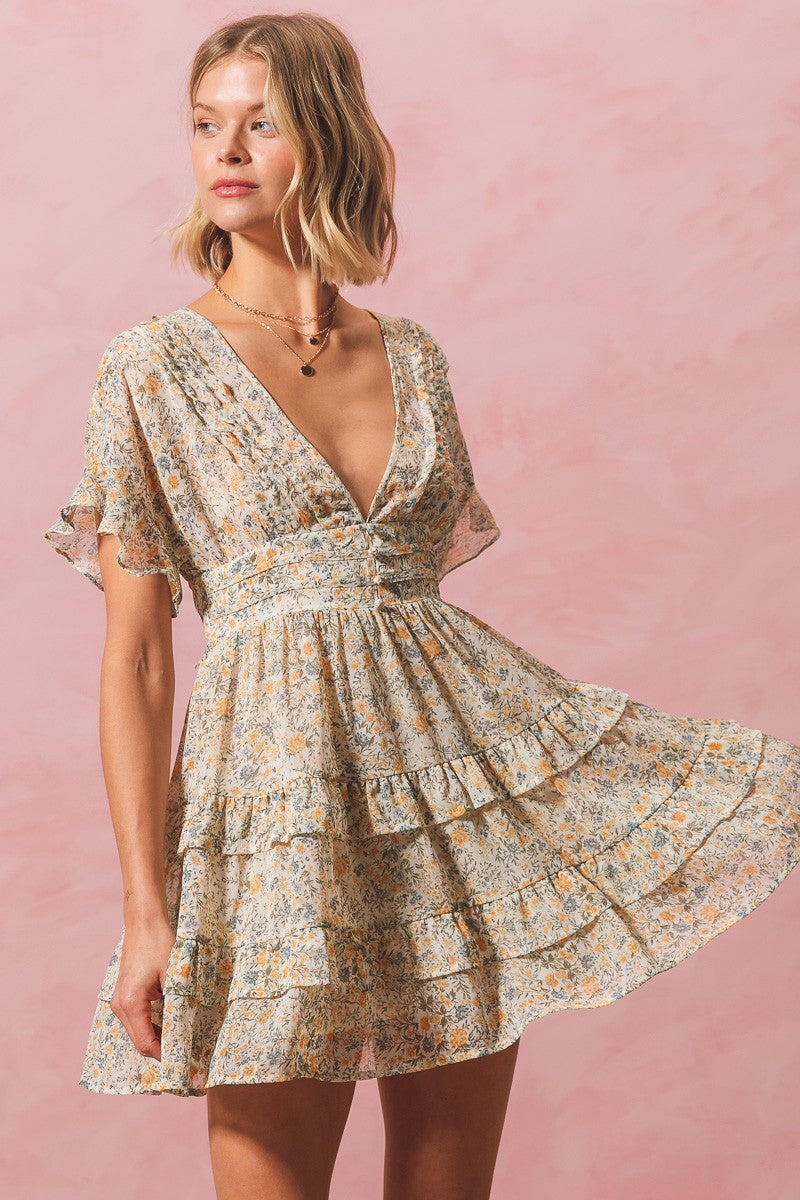 FLOWY FLORAL PRINT LACE UP BACK PIN TUCKED DRESS