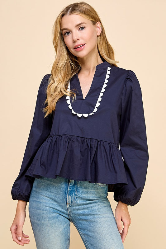 PEPLUM TOP WITH SCALLOP DETAIL AT NECK