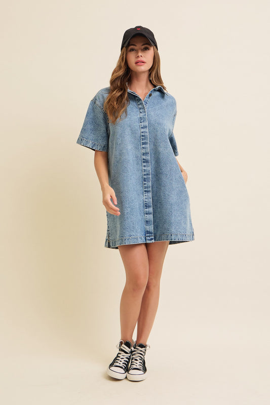 SHORT SLEEVE HIDDEN BUTTON DOWN DENIM SHIRT DRESS