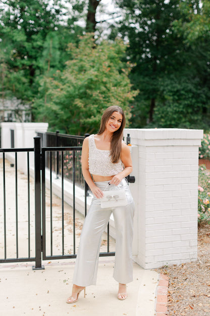 CROPPED WIDE LEG FAUX LEATHER SILVER PANTS