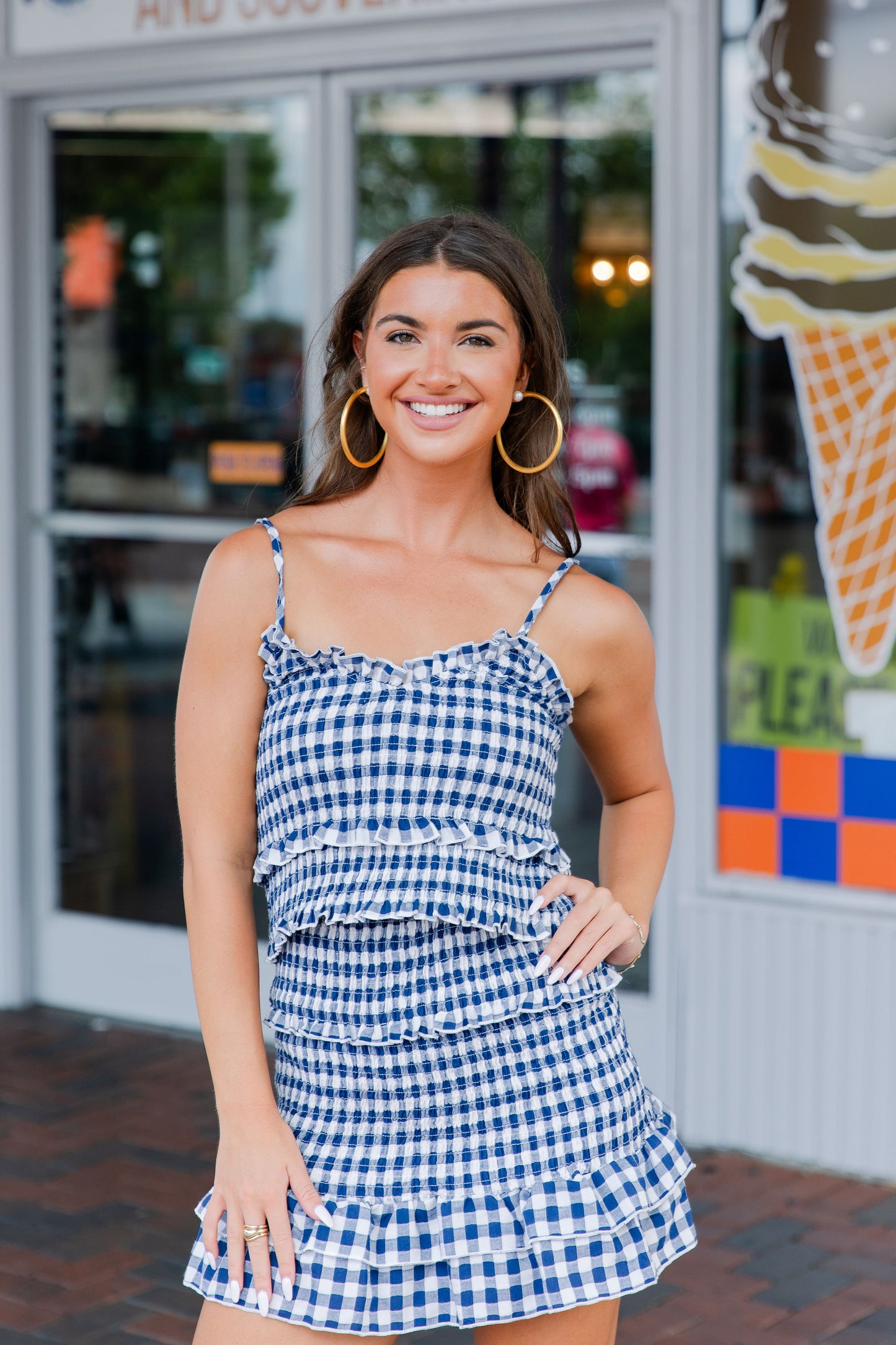 GINGHAM SMOCKED MINI DRESS