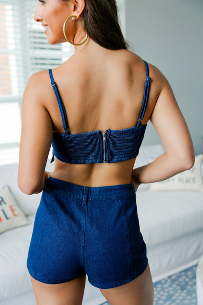 BOW DETAIL CROPPED DENIM TOP