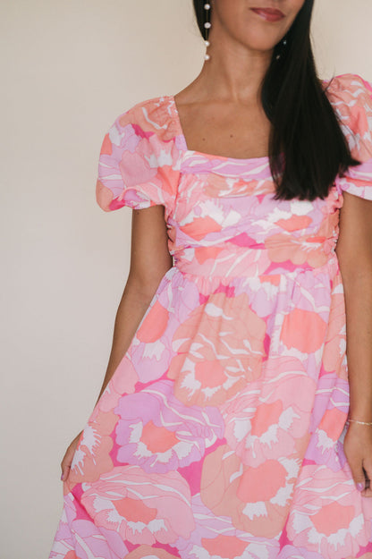FLORAL PRINT MIDI DRESS WITH PLEATED BODICE