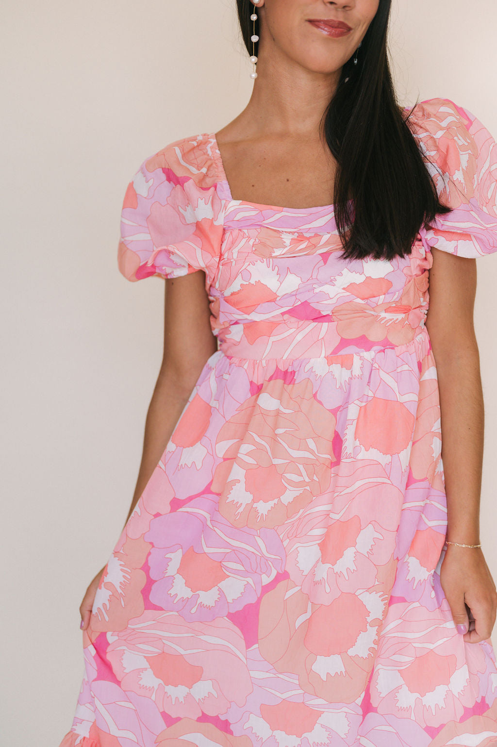 FLORAL PRINT MIDI DRESS WITH PLEATED BODICE