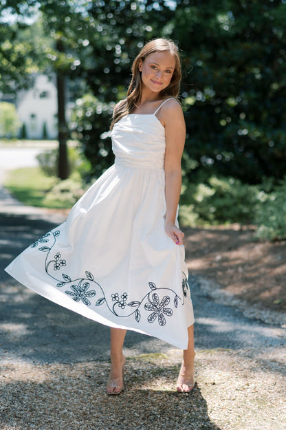 CONTRAST EMBROIDERY POPLIN MIDI DRESS