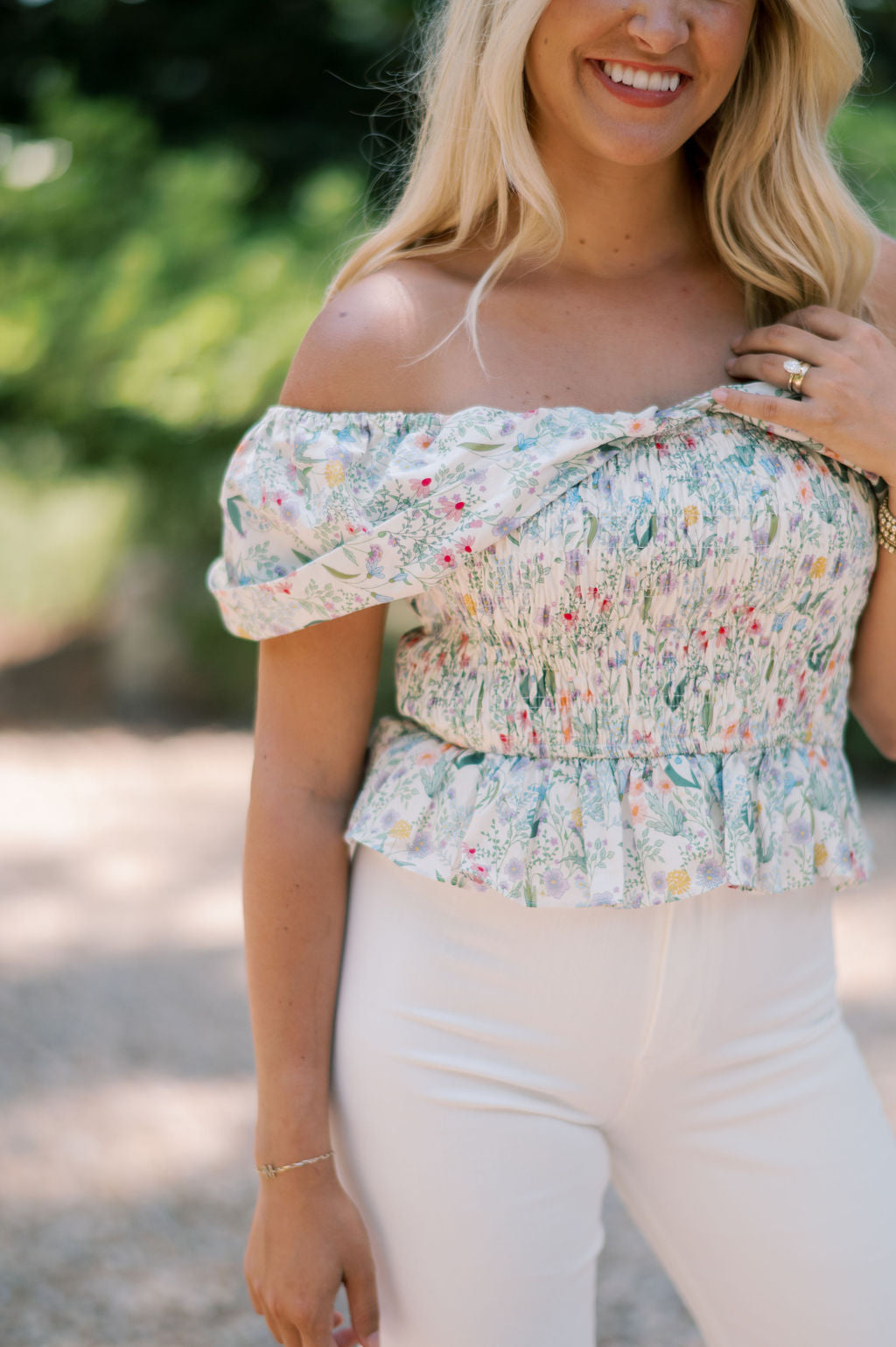 RUCHED OFF THE SHOULDER TOP