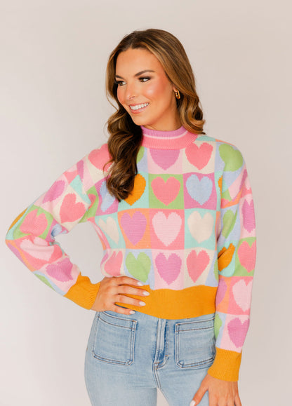 MOCK NECK HEART KNIT SWEATER