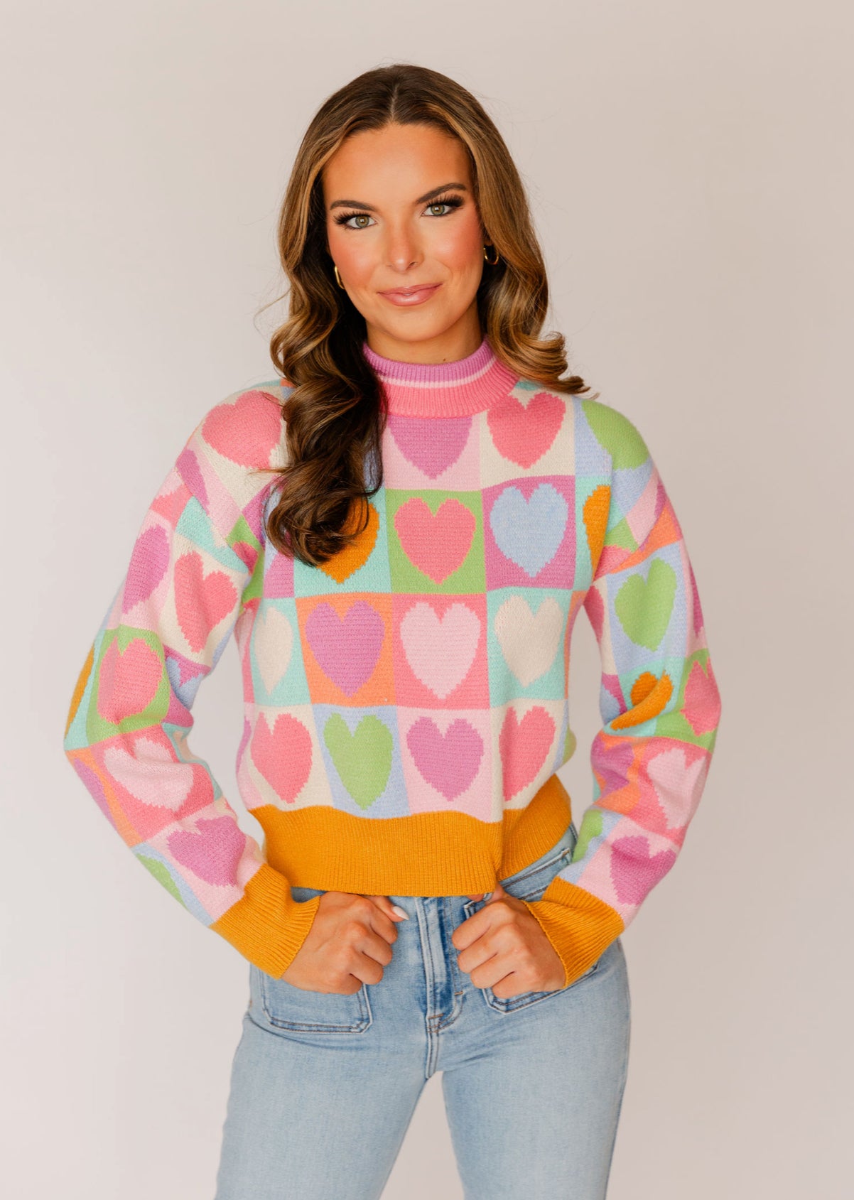 MOCK NECK HEART KNIT SWEATER