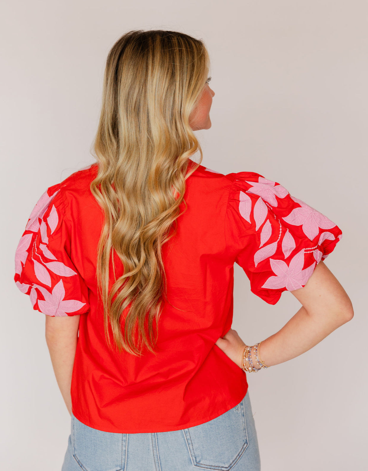 Embroidered V Neck Puff Sleeve Top