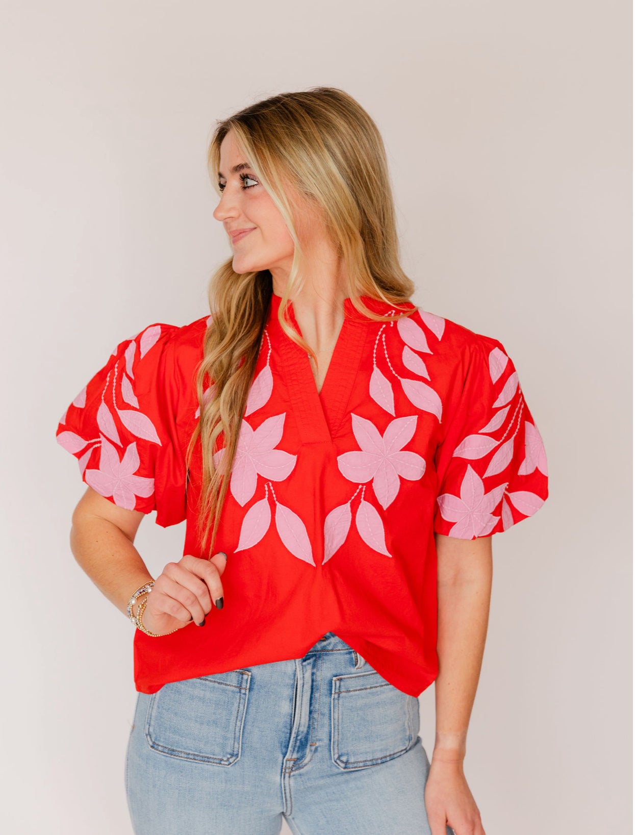 Embroidered V Neck Puff Sleeve Top