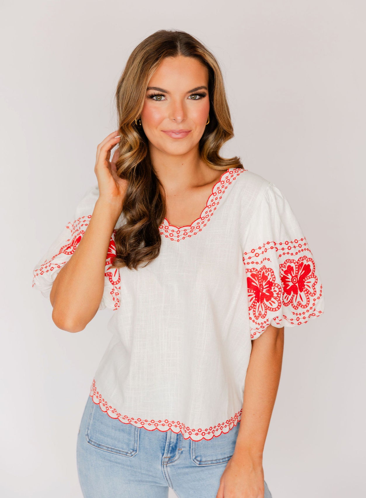 Embroidered Puff Sleeve Top