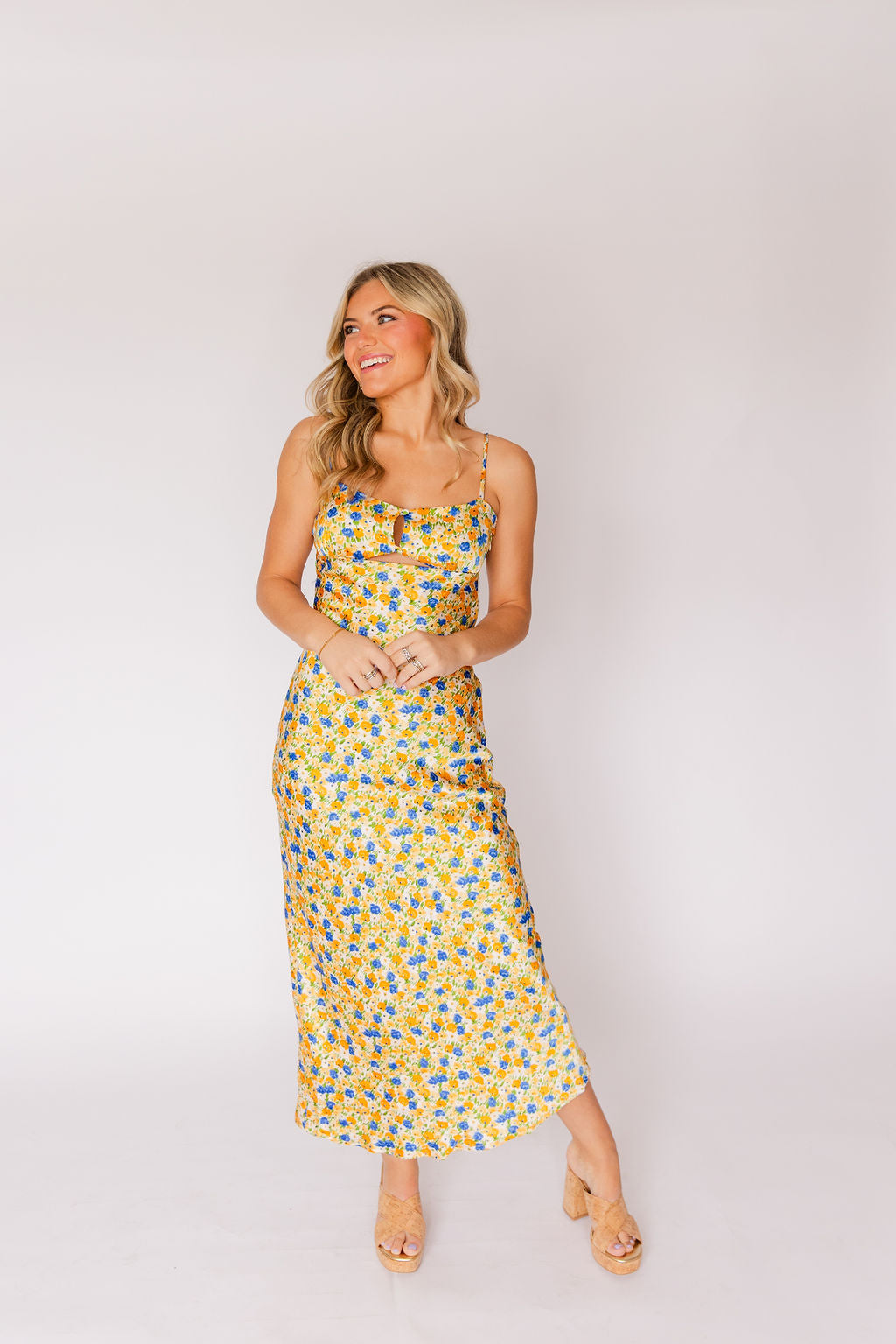 Golden Blue Floral Satin Dress