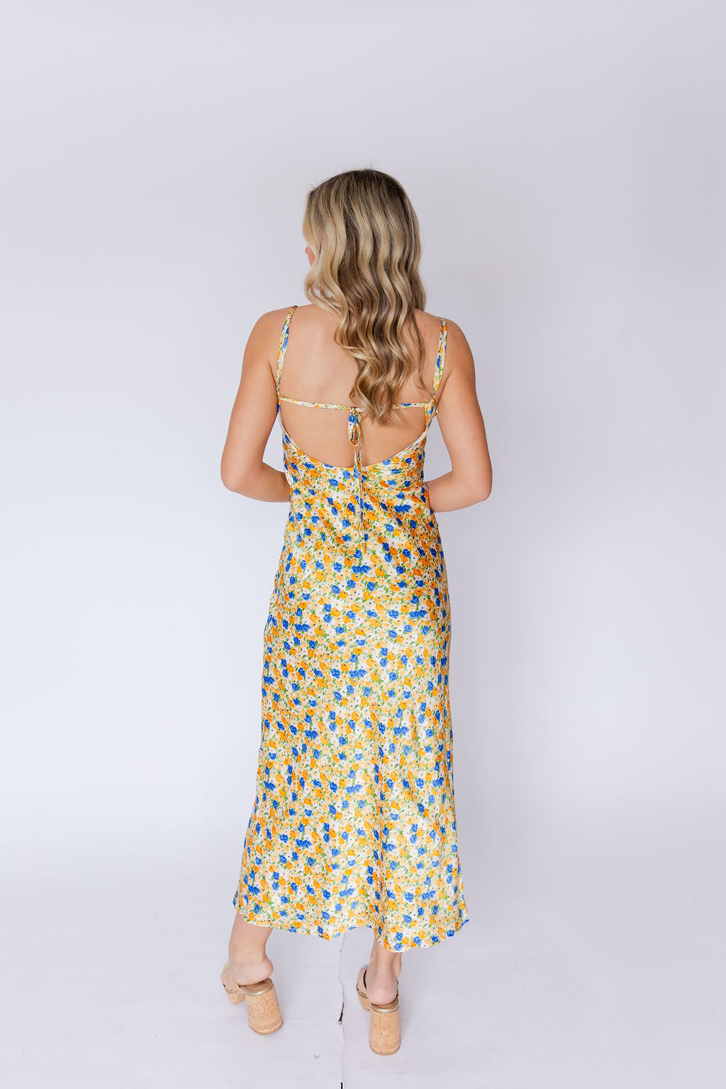 Golden Blue Floral Satin Dress