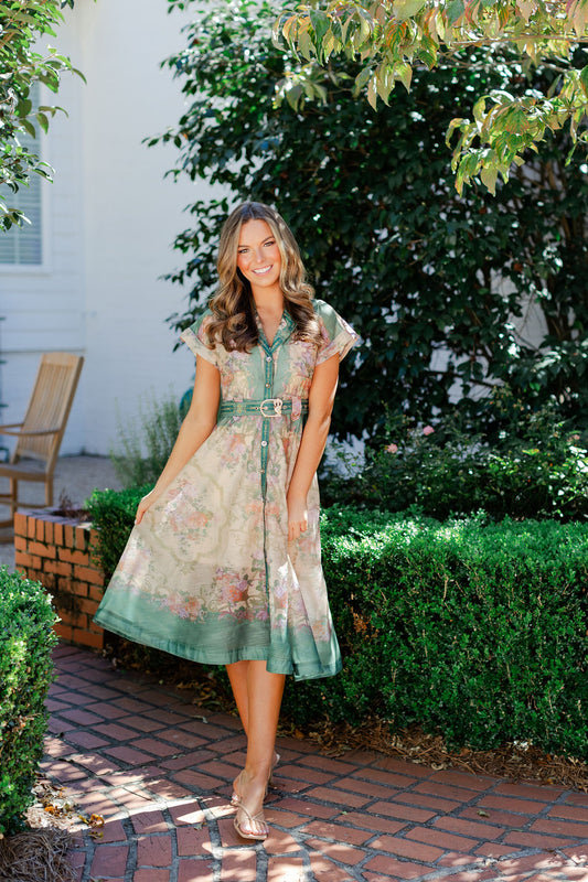 Floral Print Short Sleeve Belted Dress