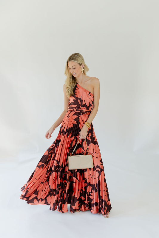 One Shoulder Satin Floral Print Pleated Maxi Dress