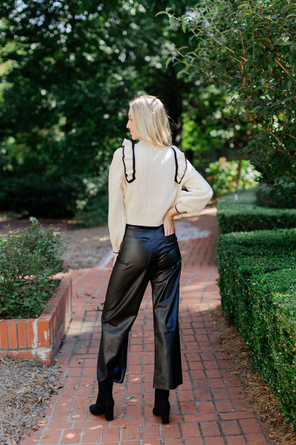 BLACK PALAZZO-STYLE FAUX LEATHER PANTS POCKET