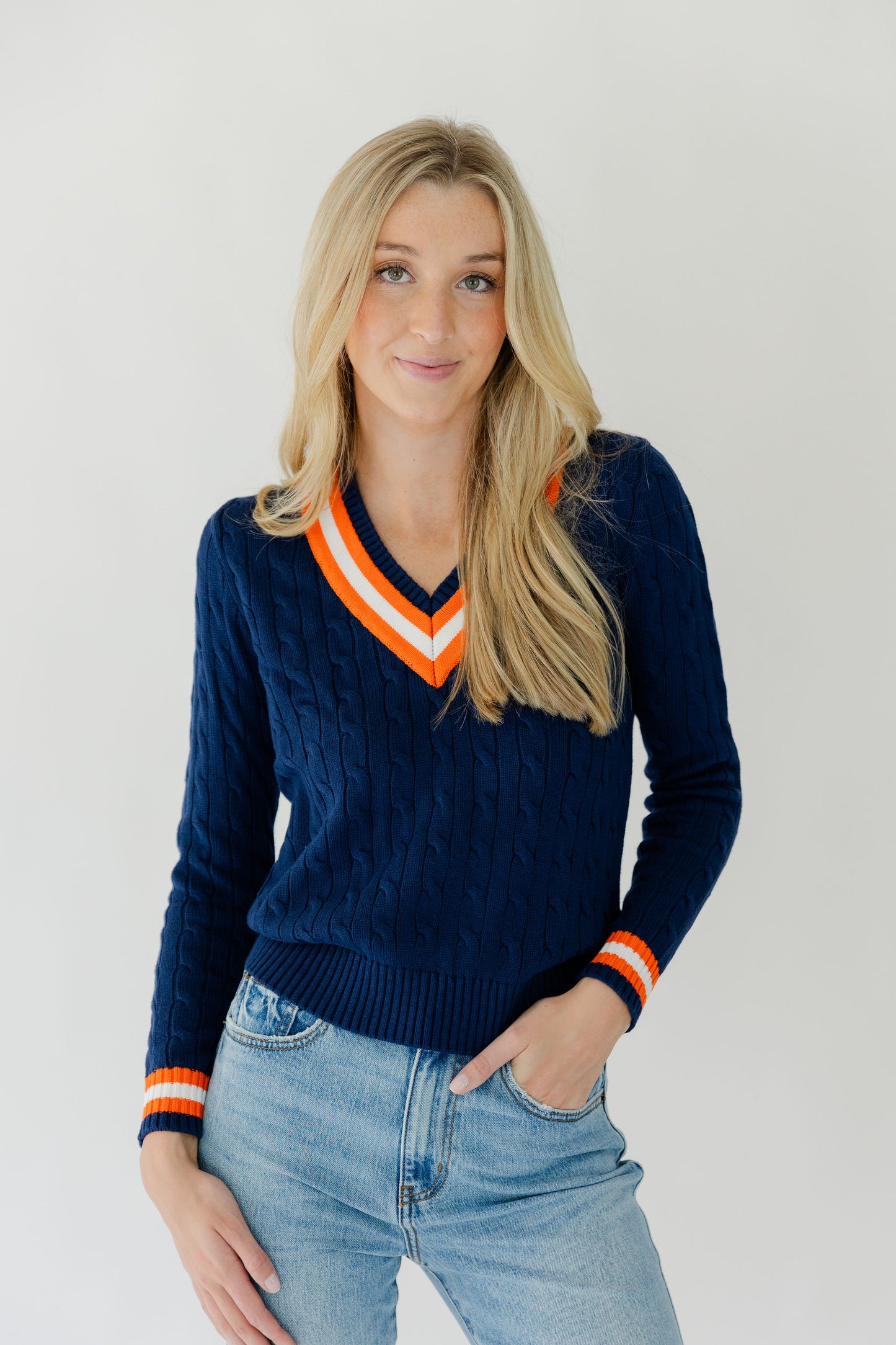 CABLE KNIT V NECK SWEATER WITH STRIPE DETAIL