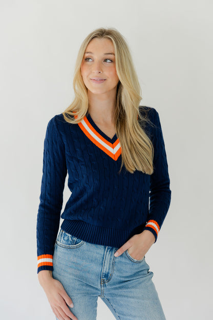 CABLE KNIT V NECK SWEATER WITH STRIPE DETAIL