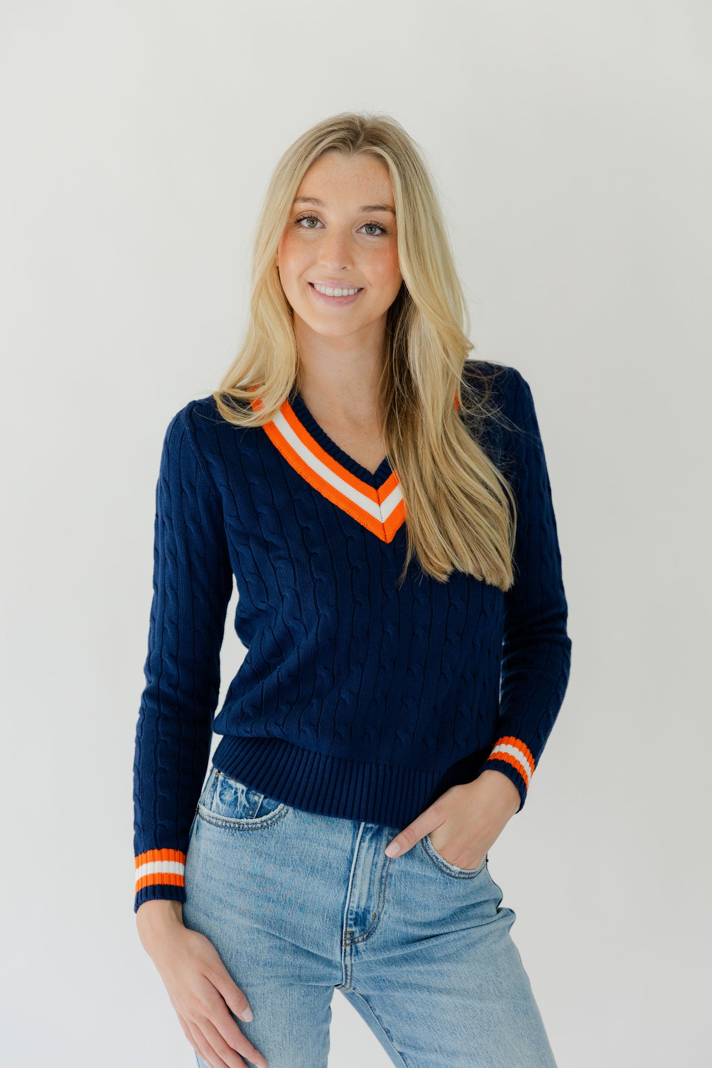 CABLE KNIT V NECK SWEATER WITH STRIPE DETAIL