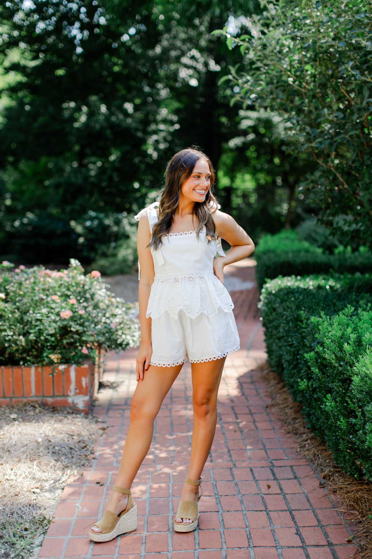 EYELET LACE TRIM PEPLUM TOP AND SHORTS SET