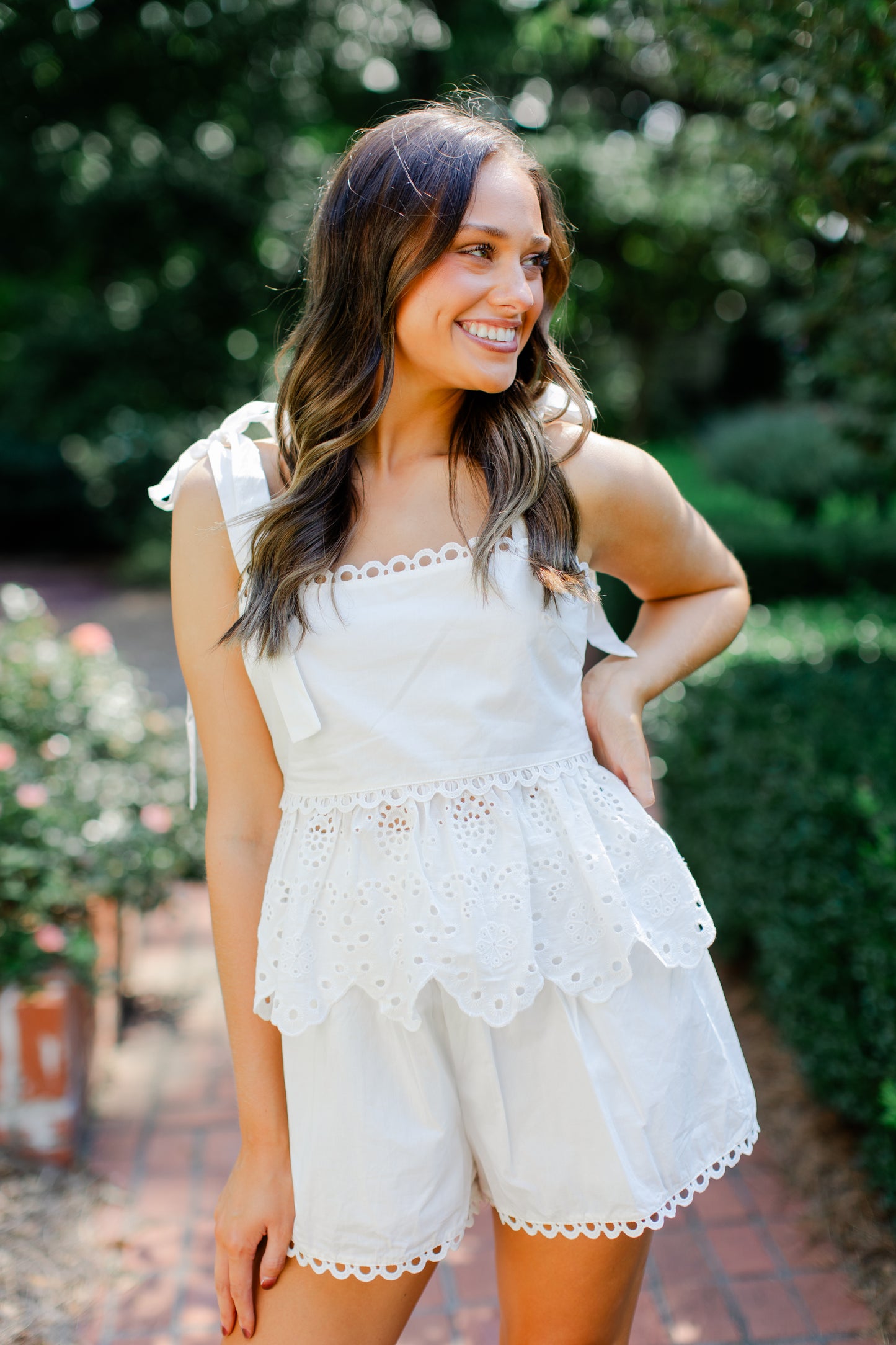 EYELET LACE TRIM PEPLUM TOP AND SHORTS SET