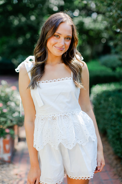 EYELET LACE TRIM PEPLUM TOP AND SHORTS SET