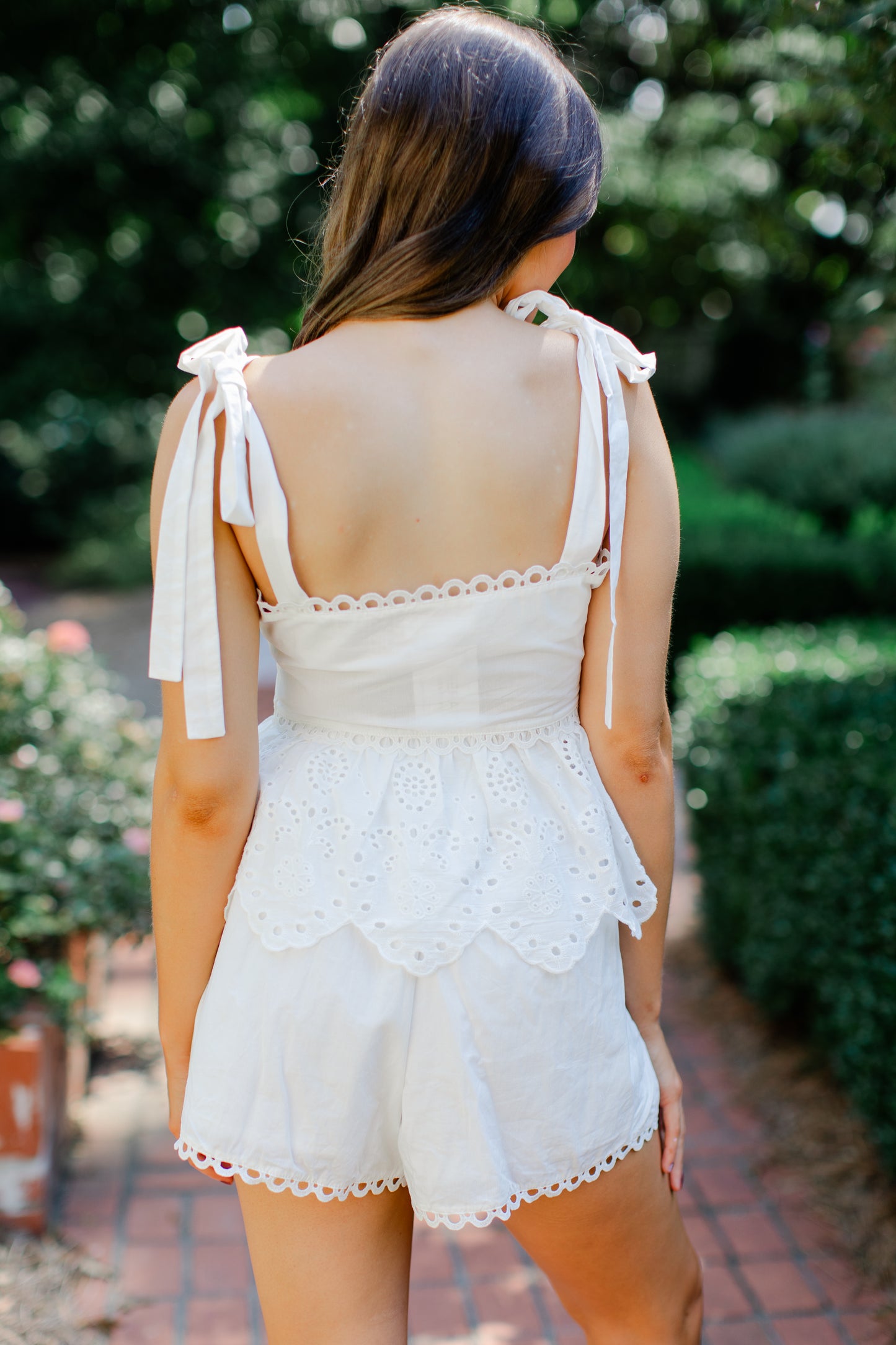 EYELET LACE TRIM PEPLUM TOP AND SHORTS SET