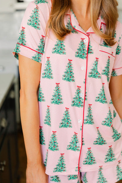 Noelle Tree Short Sleeve Button Up Sleep Shirt