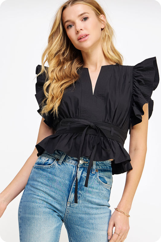 Flutter Sleeve Peplum Tie Top