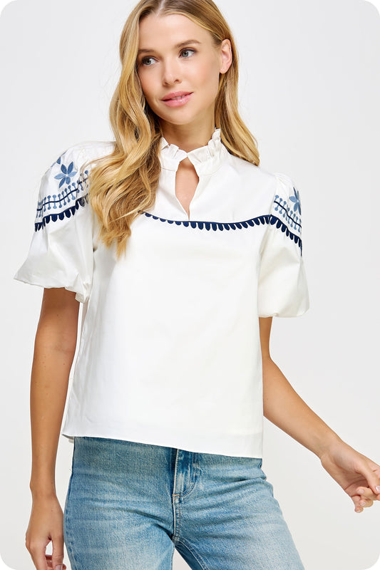 Embroidered Puff Sleeve Top